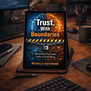 May include: A tablet displays the book cover "Trust, With Boundaries" by Michelle Hoffmann. The cover features a brain graphic split between blue and orange, with a chain and padlock design. A keyboard and other office items are in the background.