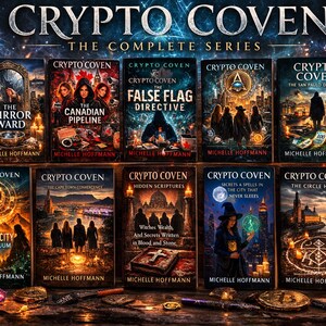 May include: A collection of ten books titled "Crypto Coven: The Complete Series" by Michelle Hoffmann. The book covers feature dark fantasy art with titles like "The Mirror Ward" and "The False Flag Directive". Candles and coins are in the foreground.