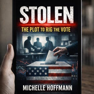 Può includere: Un tablet mostra la copertina del libro "STOLEN: The Plot to Rig the Vote" di Michelle Hoffmann. La copertina presenta un'urna con un design a bandiera americana, una mano che inserisce una scheda elettorale e uno sfondo sfocato.