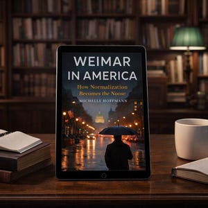 May include: A tablet displays the book cover for "Weimar in America" by Michelle Hoffmann. The cover shows a person with an umbrella walking on a rainy street. A coffee cup and notepad with a pen are on the table.