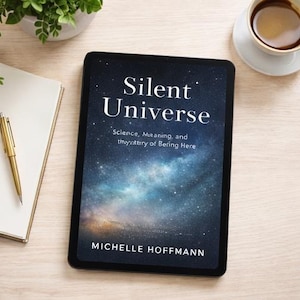 Może przedstawiać: Czarny tablet wyświetla okładkę książki "Silent Universe" z gwiezdnym tłem galaktyki. Tekst na okładce zawiera tytuł, podtytuł i nazwisko autora. Złoty długopis i notatnik znajdują się po lewej stronie, a filiżanka kawy po prawej.