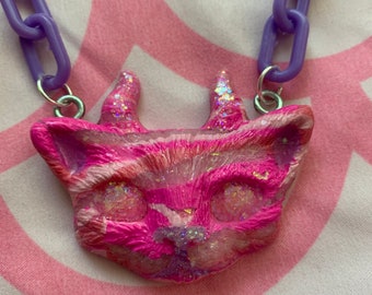 Pastel pink and purple fawn cat head necklace