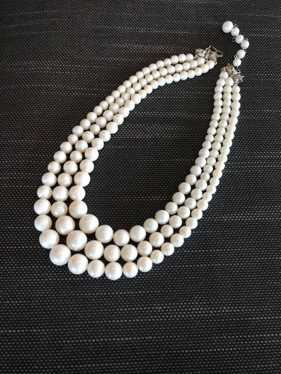 Vintage Faux 3 Strand Graduated Pearl Necklace