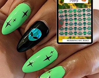 Pegatinas de uñas extraterrestres / Calcomanías de uñas de naves espaciales verdes para manicura / Adornos holográficos de uñas OVNI / Arte holográfico de uñas