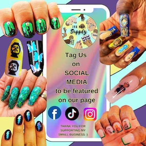 May include: A collage of manicured nails with various designs. Some nails feature green glitter, butterfly accents, and portraits. The image includes the text "IVA NAIL Supply" and social media handles, encouraging users to tag them.