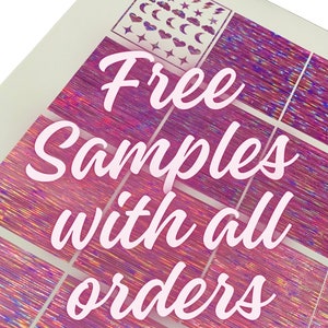 May include: Pink and purple nail art samples with various designs, including stars, moons, hearts, and lightning bolts. The text "Free Samples with all orders" is displayed in a cursive font. The JVA Nail Supply logo is at the bottom.