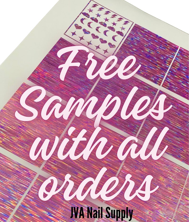 May include: Pink and purple nail art samples with various designs, including stars, moons, hearts, and lightning bolts. The text "Free Samples with all orders" is displayed in a cursive font. The JVA Nail Supply logo is at the bottom.