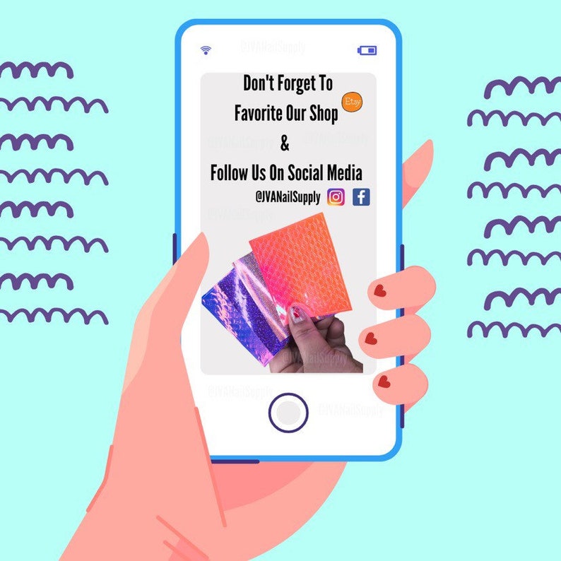 May include: A smartphone displaying a social media post with a photo of colorful holographic nail foils. The text on the post reads "Don't Forget To Favorite Our Shop & Follow Us On Social Media @JVANailSupply".