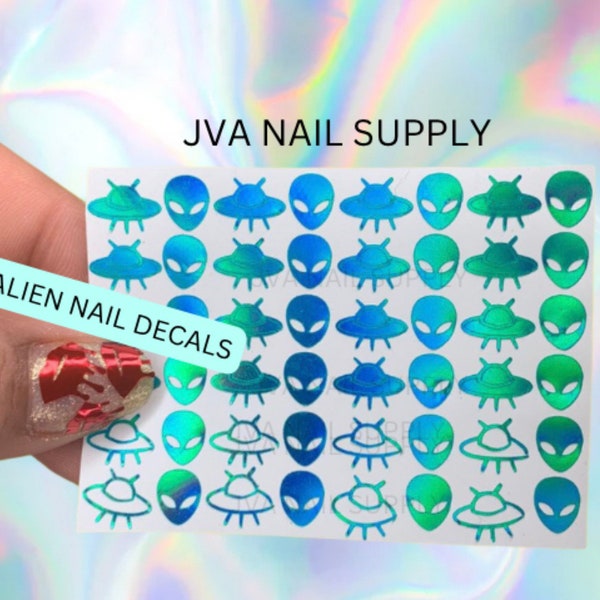 Alien Nail Art Sticker | Green Holographic Nail Decal for manicure | Colorful Aliens Nail Vinyl