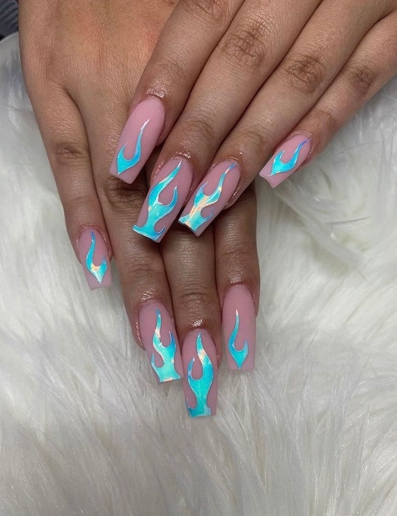 Holographic Nail Flame Decals Nail Decals Flame Nail Art Flame Nails Cute Nail Art Etsy