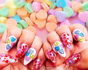 Conversation Hearts Nail Art Waterslide Decals | Candy Heart Water Decals for manicure | Valentine’s Day Heart Nail Decal Waterslide