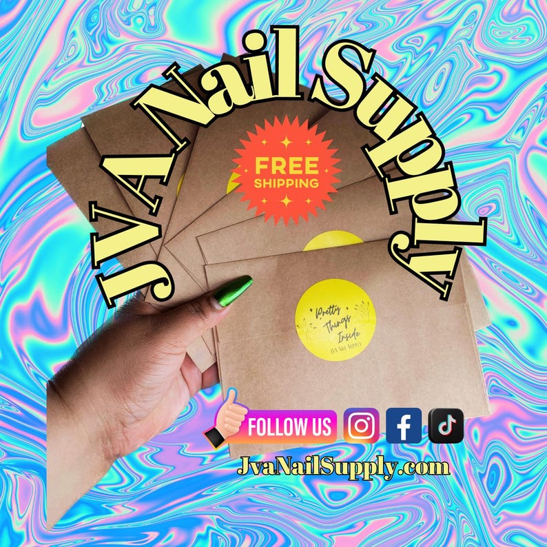 May include: A stack of brown envelopes with yellow circular stickers that read "Pretty Things Inside". The image has the text "Jva Nail Supply" and "Follow Us" with social media icons. The background is a colorful, swirling pattern.