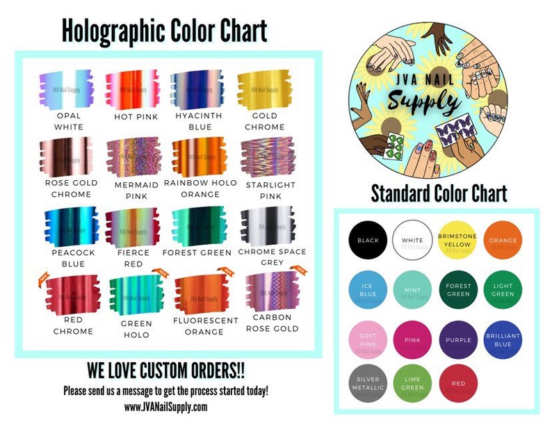 May include: Color chart for holographic and standard nail polish colors. The chart includes a variety of colors, including opal white, hot pink, hyacinth blue, gold chrome, rose gold chrome, mermaid pink, rainbow holo orange, starlight pink, peacock blue, fierce red, forest green, chrome space grey, red chrome, green holo, fluorescent orange, and carbon rose gold. The standard color chart includes black, white, brimstone yellow, orange, ice blue, mint, forest green, light green, soft pink, pink, purple, brilliant blue, silver metallic, lime green, and red.