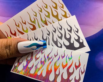 Holographic Flame Nail Decals: Self-Adhesive Vinyl Nail Art