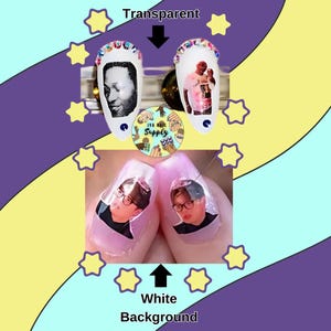 May include: Nail art designs featuring portraits and decorative elements. The nails showcase images of people, adorned with rhinestones and other embellishments. The image includes the text "Transparent" and "White Background".