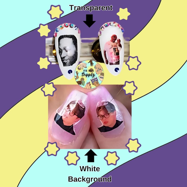 May include: Nail art designs featuring portraits and decorative elements. The nails showcase images of people, adorned with rhinestones and other embellishments. The image includes the text "Transparent" and "White Background".