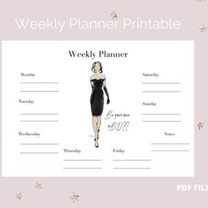Weekly planner printable, desk organisation, digital print, fashion illustration