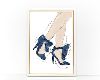 Blue Bow Heels Fashion Illustration Print, Fashion Shoe Wall Art, Chic Shoe Poster, Printable Fashion Sketch, Digital Download