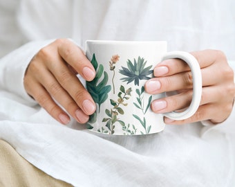 11oz | Ceramic Botanical Plant Mug | Watercolor Style Plant Coffee Mug | Botanical Boho Tea Cup | Plant Lover Gift