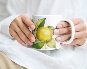 11 Unzen | Keramik Zitrone Citrus Becher | Aquarell Style Lemon Kaffeebecher | Botanische Boho Teetasse | Obst- und Zitrusliebhaber