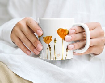 11oz | California Poppy Pressed Flower Mug | Watercolor Style Wildflower Coffee Mug | Botanical Boho Tea Cup | Plant Lover Gift | CA