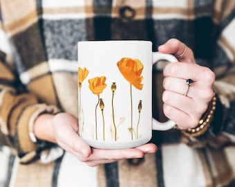 California Poppy Pressed Flower Mug | Watercolor Style Wildflower Coffee Mug | Botanical Boho Tea Cup | Garden Lover Gift | CA State Flower
