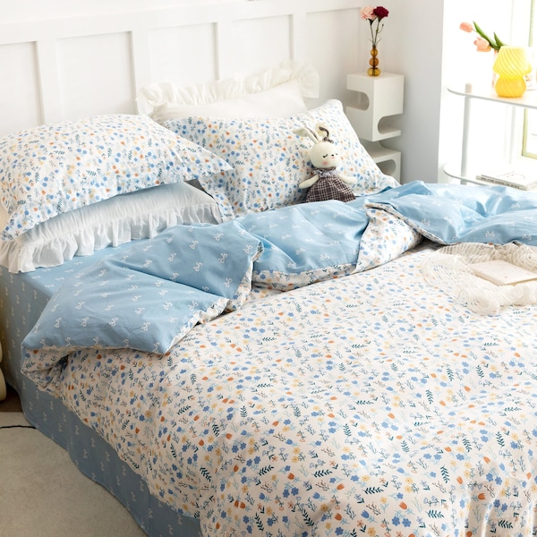 MiniSteps Duvet Cover Set (Blue Floral) - 100% Cotton - 3 pcs Bedding Set - Hidden Zipper - Bedding Covers
