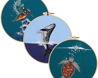 Embroidery Kit Set of 3 - DIY Hand Embroidery Full Kit  Needlepoint, DIY Craft, Cross Stitch Set, Handmade Gift, Water, Turtle, Whale, Bird