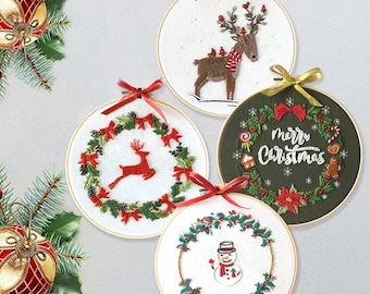 Christmas Embroidery Kit Set of 4, DIY Hand Embroidery Full Kit  Needlepoint, DIY Craft, Cross Stitch Set, Handmade Christmas Gift