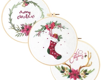 Christmas Embroidery Kit Set of 3, DIY Hand Embroidery Full Kit  Needlepoint, DIY Craft, Cross Stitch Set, Handmade Christmas Gift