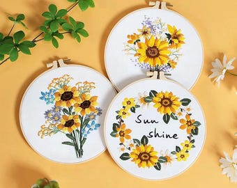 Embroidery Kit Set of 3 - DIY Hand Embroidery Full Kit  Needlepoint, DIY Craft, Cross Stitch Set, Handmade Gift, Sunshine, Flowers