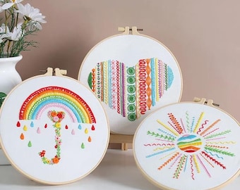 Beginner Embroidery Kit Set of 3, DIY Hand Embroidery Full Kit  Needlepoint, DIY Craft, Cross Stitch Set, Handmade Gift