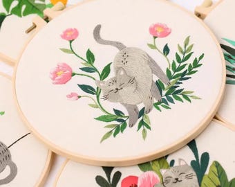Embroidery Kit for Beginners, DIY Hand Embroidery Full Kit  Needlepoint, DIY Craft, Cross Stitch Set, Handmade Christmas Gift, Cats