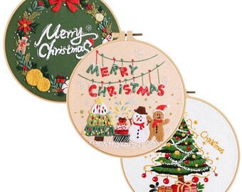 Christmas Embroidery Kit Set of 3, DIY Hand Embroidery Full Kit  Needlepoint, DIY Craft, Cross Stitch Set, Handmade Christmas Gift