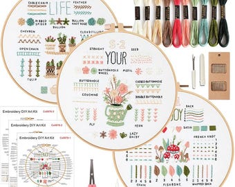 Beginner Embroidery Kit Set of 3, DIY Hand Embroidery Full Kit  Needlepoint, DIY Craft, Cross Stitch Set, Handmade Gift