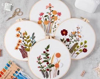 Embroidery Kit Set of 4 - for Beginners, DIY Hand Embroidery Full Kit  Needlepoint, DIY Craft, Cross Stitch Set, Handmade Gift, Floral