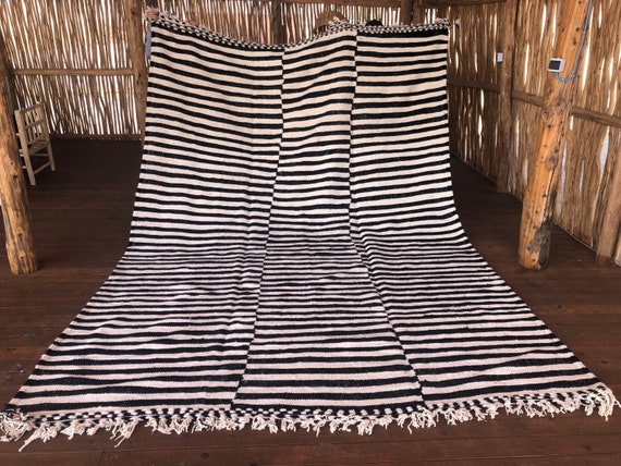 Handwoven Moroccan White cream and black Wool Kilim rug - 12,30 FT × 8.53 FT ( 375 Cm × 260 Cm ), Berber Stripped Handmade Large Zanafi rug
