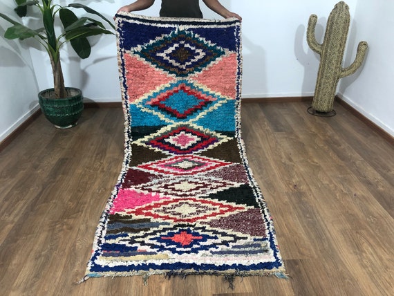 Vintage Handmade Moroccan Berber Boucherouite runner - ( 240 x 103 CM) Authentic Ethnic Tribal rug- Free Shipping