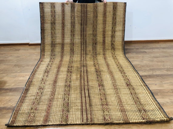 Tuareg Mat Rug 9.18 × 5.74 FT ( 280 × 175 Cm ), Vintage Reed & Leather Carpet, Ethnic Tribal Nomadic Sahara Desert Rug, Mauritanian Rug