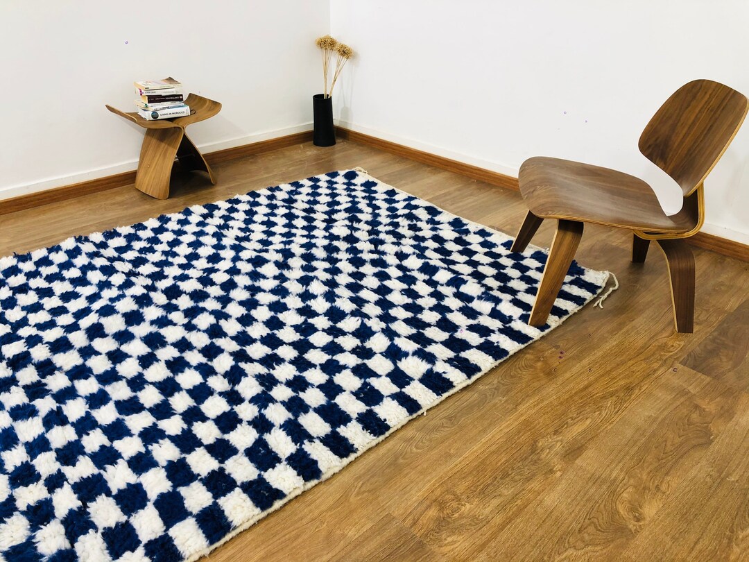 Blue Checked Rug Custom Handmade Moroccan Checkered Rug, Checkerboard Blue & White Wool ...