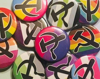 Hammer And Sickle Pride Flag Pin Buttons / Queer LGBTQ Pride / Leftist Pins / Communism