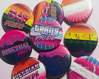 Retrowave Style LGBTQ Pride Flag Pin Buttons / Queer LGBTQ Pride Pins / 80&#39;s Retro Synthwave Outrun Aesthetic