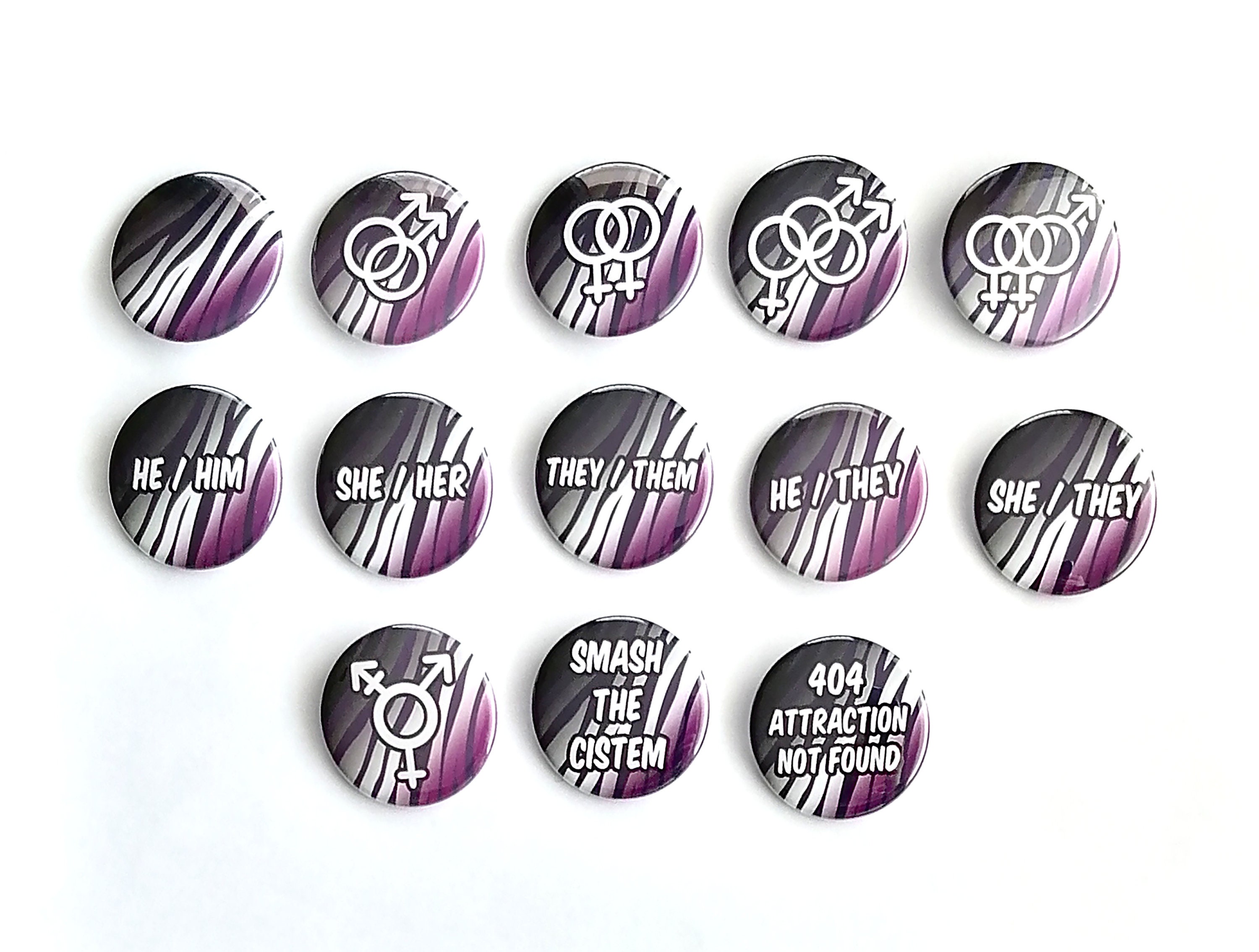 Asexual Ace Pride Flag Pin Buttons / Tiger Stripes / Pronouns 