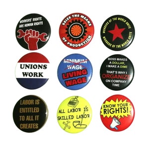 WORKERS RIGHTS Pin Button Badge Set / Seize the Means of Production / Workers of the World Unite / Leftist Pins