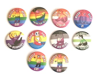 LGBT Pride Flag Bears Pin Buttons / Grizzly Bear Gay / Pride For All / Sun Bear Lesbian / Moon Bear Bi / Panda Pan