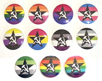 Hammer Sickle And Star Pride Flag Pin Buttons / Queer LGBTQ Pride / Leftist Pins / Communism