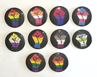 Pride Flag Solidarity Fist Pin Buttons / Queer LGBTQ Pride / Solidarity Forever