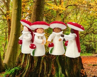 Amanita Mushroom Mother Waldorf Doll in 4 Skin Tones, Magical Fairy Lady w/ Flexible Arms, Collectible Natural, Wool Felt Girl Fly Agaric