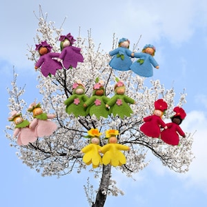 Flower Fairy Waldorf Doll with Flexible Arms & String for Hanging, Wool Felt Spring Seasonal Florals Ornament Rose Bellflower