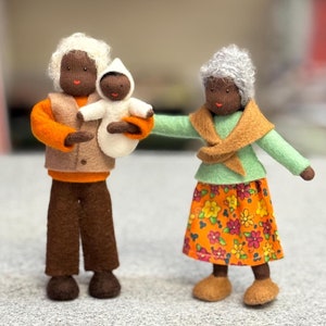 Grandparent 5&quot; Waldorf Dollhouse Doll: Grandma, Grandpa, or PAIR! Dark Skin Tone Flexible Arms & Legs, Abuela Abuelito, Wool Felt Handmade